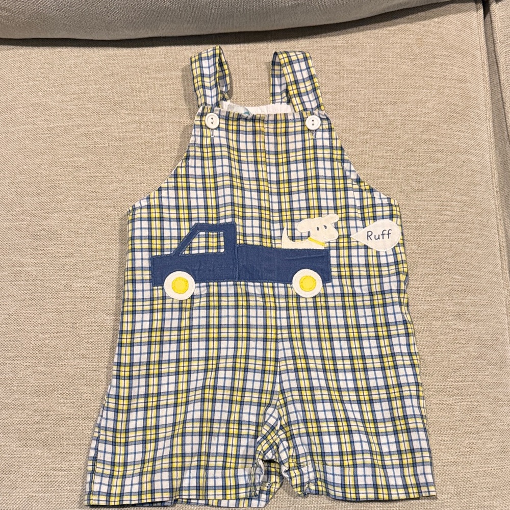 Funtasia! too…Dallas Plaid Blue & Yellow Dog Applique Jon Jon - Picture 1 of 4
